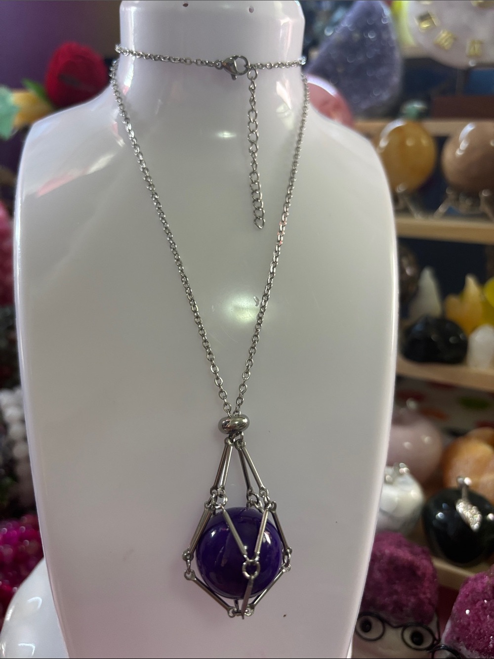 Silver Cage Necklace with Purple Agate Pendant — Elegant Women’s Jewelry